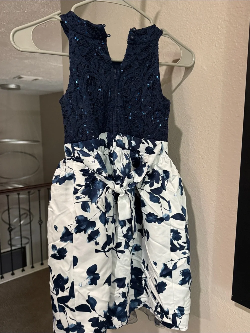 Speechless Navy Sequin Lace Bodice Floral Skirt Dress